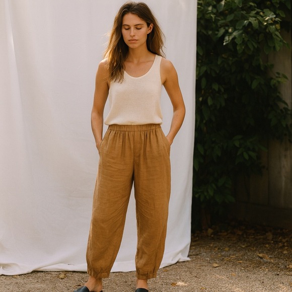 Quince Pants - Quince 100% European Linen Pants Womens Medium Golden Brown Pull On